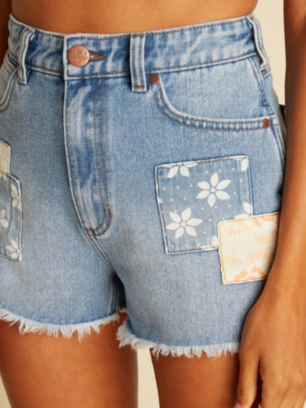 Billabong X Wrangler Women's Showdown Patch Work Boho Shorts Blue Surf Size 25